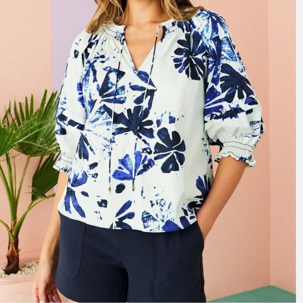 Marie Oliver Lara Top Blue and White Puff Sleeve Blouse split neckline smocked S